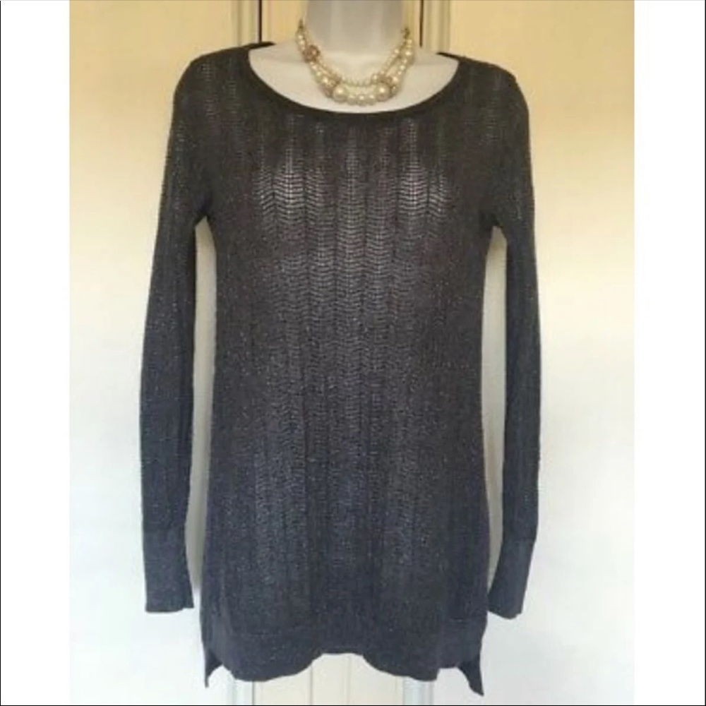 Grey Metallic Open Knit Tunic Sweater